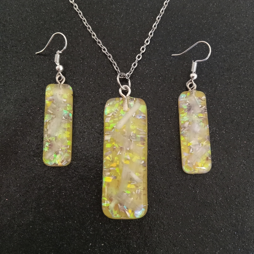 Yellow faux opal selenite oronite bar dangle earrings and necklace jewelry set